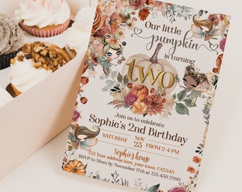 Pumpkin Fairies Second Birthday Invitation: Enchanting Woodland & Pumpkin Theme, Fairytale Party Invite, Instant Download, Editable on Corjl