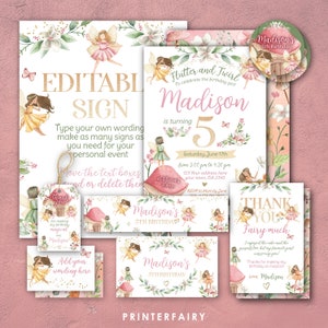 Fairy Party Kit, Fairies Bundle with EDITABLE Invitation, Thank You, Favor Tag, Sign, Labels, Party Decorations, INSTANT DOWNLOAD