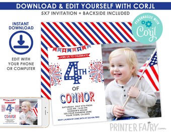 4th of July Invitation with photo, Indepence Day Invitation, Fireworks Invitation, 4th Birthday Invitation, EDIT YOURSELF Digital Invite