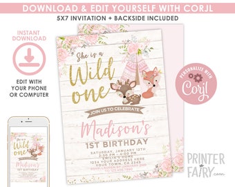 Wild One Girl Invitation, EDITABLE, Tribal Woodland Birthday Invitation, Woodland First Birthday, Boho, DIGITAL, Instant Download