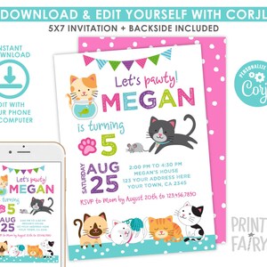 Kitty Cat Invitation, EDITABLE, Kitten Invitation, Cat Birthday, Pawty Invitation, Pet Adoption Party, INSTANT DOWNLOAD image 4