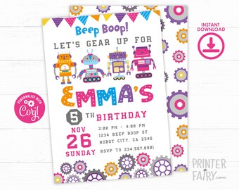 Robot Birthday Invitation, Robot Party, Beep Boop Invitation, Retro Robot, EDITABLE Invitation, INSTANT DOWNLOAD