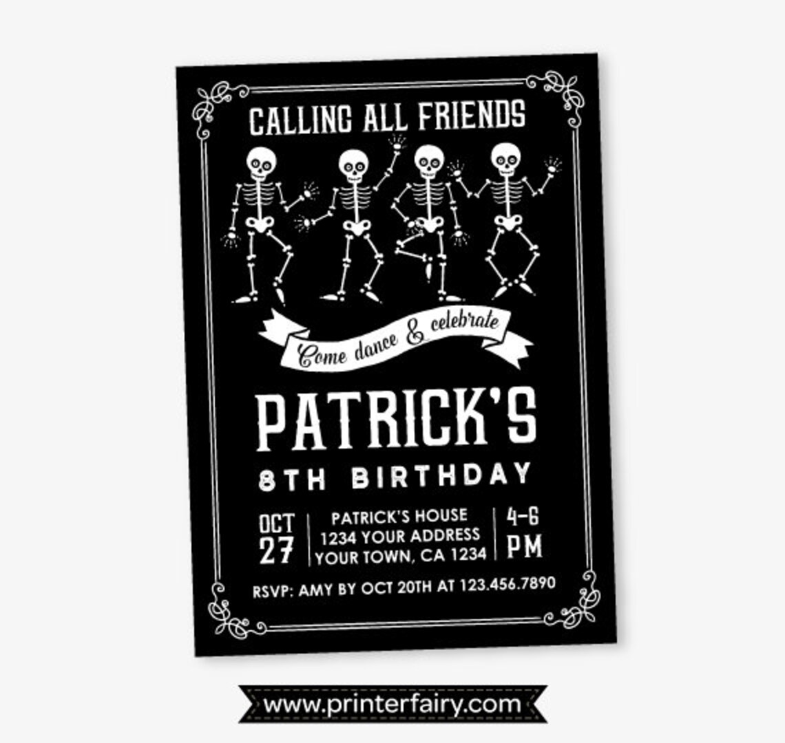Halloween Birthday Invitation Skeleton Invitation Halloween Etsy