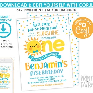 Little Sunshine First Birthday Invitation, EDITABLE, Our Little Sunshine first birthday, Sun Invitation, EDIT YOURSELF, Instant Download image 1