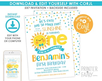 Little Sunshine First Birthday Invitation, EDITABLE, Our Little Sunshine first birthday, Sun Invitation, EDIT YOURSELF, Instant Download