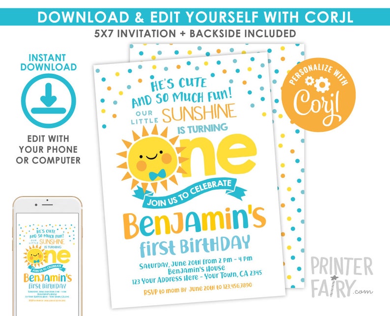 Little Sunshine First Birthday Invitation, EDITABLE, Our Little Sunshine first birthday, Sun Invitation, EDIT YOURSELF, Instant Download image 1