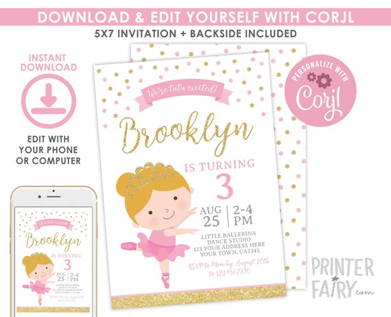 EDITABLE Ballerina Birthday Invitation, Tutu Invitation, Dance Birthday Party, Ballet Invitation, Any age, INSTANT DOWNLOAD Il_570xn