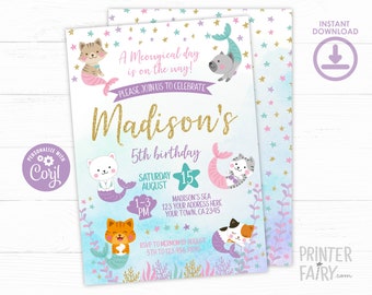 Mercat Birthday Invitation, EDITABLE, Meowmaid Birthday Invitation, Mermaid Invitation, Kitty Invitation, EDIT YOURSELF, Instant Download