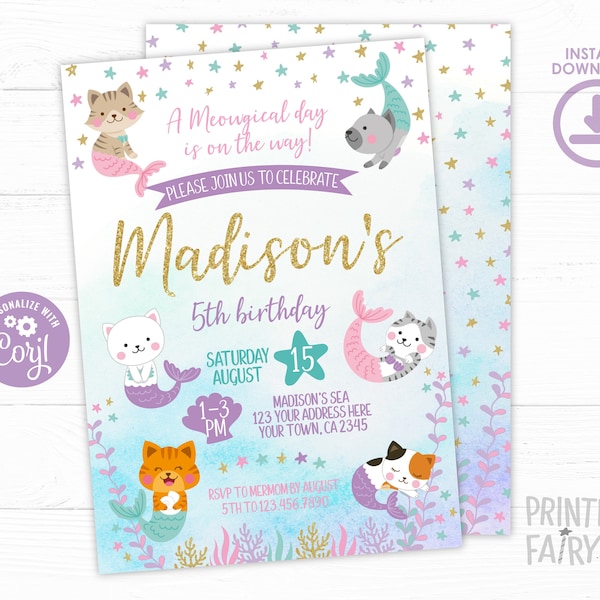 Mercat Birthday Invitation, EDITABLE, Meowmaid Birthday Invitation, Mermaid Invitation, Kitty Invitation, EDIT YOURSELF, Instant Download