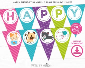 Kitty Cat EDITABLE Birthday Banner, Kitten Banner, Cat Birthday, Pawty Decorations, Printable Birthday Banner, INSTANT DOWNLOAD