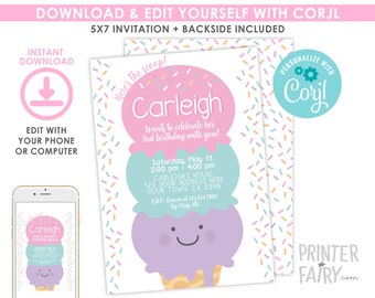 EDITABLE Ice Cream Birthday Invitation, Girl Birthday Invitation, Sprinkles Invitation, Ice Cream Birthday Party, Instant Download