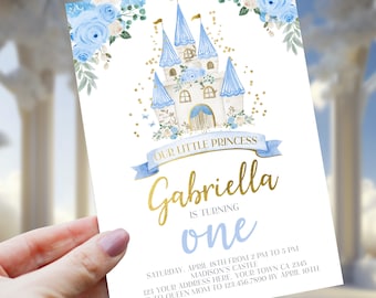 Princess Birthday First Invitation, Blue Princess Castle Theme, Editable in Corjl, Princess Party Invite