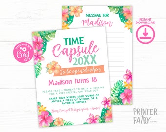 Luau Birthday Party Time Capsule, First Birthday, Hawaiian Birthday Party, Tropical Birthday Time Capsule, Luau Birthday, Editable Template