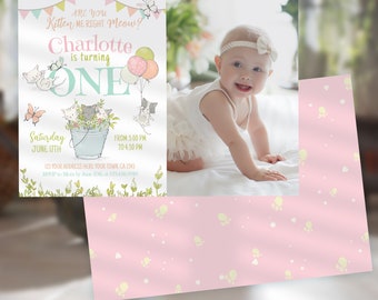 Invitación de primer cumpleaños de gatito con foto, fiesta de gatitos en el jardín (imprimible)