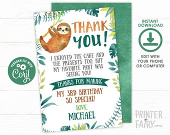 Sloth Thank You Cards, EDITABLE, Sloth Birthday Party, Sloth Thank You Notes, Bear Birthday, Jungle Birthday Party, INSTANT DOWNLOAD