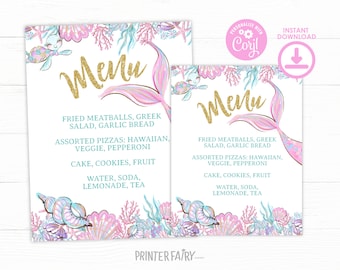 Mermaid Baby Shower Menu Sign, Editable Dinner Table Menu Sign Template, Little Mermaid Baby Sprinkle Menu Sign,Baby Shower Dinner Sign Girl