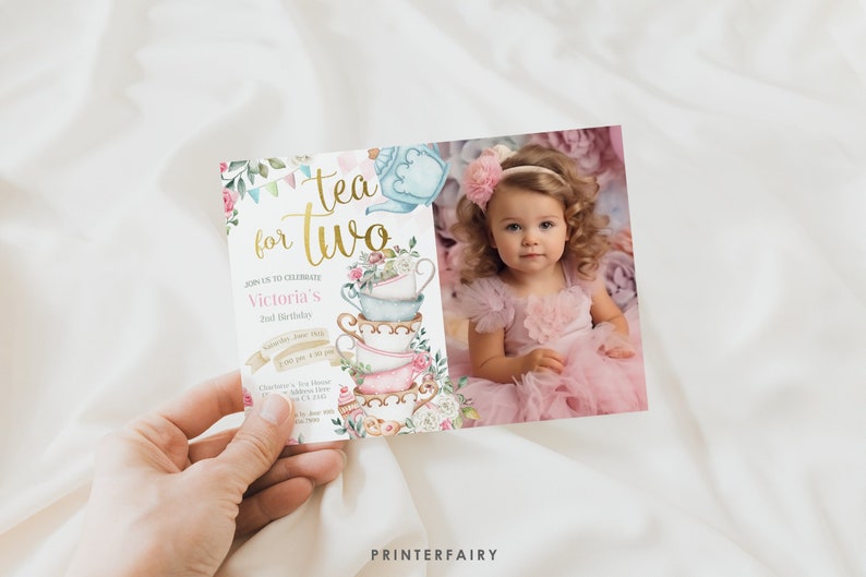 Tea Party Photo Invitation, Wonderland Birthday, Editable Corjl Template image 1