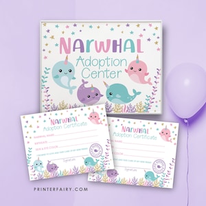 Narwhal Birthday Party, Pet Adoption Sign + Certificate, Under the sea Party, Narwhal Decor, Printable files, DIGITAL, Instant Download