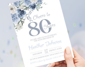 Dusty Blue 80 Years Birthday Invitation - Floral Theme for Fall Parties, Editable with Corjl, Adult Birthday Party Invite