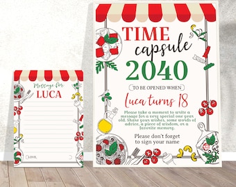 Può includere: Una capsula del tempo stampabile per il 18° compleanno di un bambino. Il design presenta un tendone rosso e bianco con il testo "Time Capsule 2040" e "Da aprire quando Luca compie 18 anni". Lo sfondo è bianco con illustrazioni di cibo italiano, come pasta, pomodori e basilico.