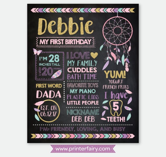 Dreamcatcher Chalkboard Sign, Milestones Poster, First Birthday Board, Stats Birthday Poster, Any Age, Personalized Digital Printable Board Il_570xn