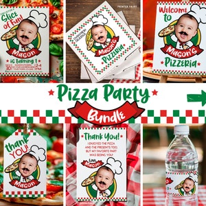 Pacote de festa de pizza com convite, etiqueta de caixa de pizza, sinal de boas-vindas, etiquetas de lembrança, cartões de agradecimento, etiquetas de garrafas de água, festa de trattoria