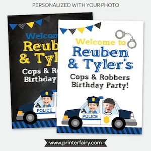 Cartel de bienvenida de policías y ladrones con foto, 1 o 2 niños, fiesta de cumpleaños de la policía, cartel imprimible digital personalizado