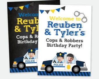 Cops and Robbers Welcome Sign with Photo, 1 or 2 Children, Police Birthday Party, Personalized Digital Printable Sign