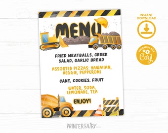 Construction-Themed Food Table Sign: Dump Truck Menu for Birthday Party, Under Construction Theme Decor, Instant Download Editable in Corjl