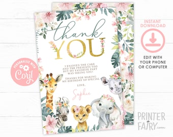EDITABLE Jungle Thank You Card, Safari Thank You Note, Girl Birthday, Baby Shower Thank You Card, Floral, Elephant, INSTANT DOWNLOAD