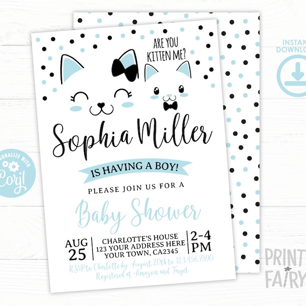 Kitty Cat Baby Shower Invitation, EDITABLE. Boy Baby Shower Invitation, Cat Baby Shower, Baby Boy Invitation, EDIT YOURSELF Digital Invite