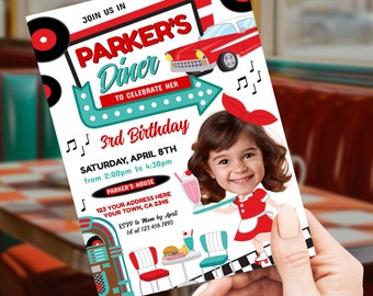 Diner Birthday Invitation with Photo, Editable, 1950's Party Invite, American Diner Retro Birthday Party Theme, Midcentury, Sock Hop Fifties