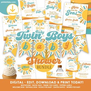 Aquí viene el sol: Kit de plantillas editables para baby shower de gemelos, juegos de invitación, tarjetas de agradecimiento, etiquetas, adornos, pancartas, descarga instantánea