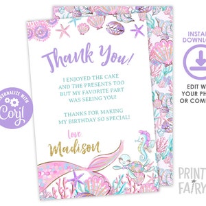 MODIFIABLE, Sirène Merci Cartes, Sous la mer Fête d'anniversaire, Fête d'anniversaire de sirène, Sous la mer Merci Notes, TÉLÉCHARGEMENT INSTANTANÉ