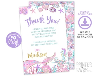 EDITABLE, Mermaid Thank You Cards, Under the Sea Birthday Party, Mermaid Birthday Party, Under the Sea Thank You Notes, INSTANT DOWNLOAD