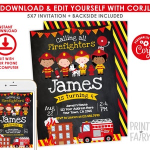 Firefighter Invitation, EDITABLE Fire Fighter Birthday Party, Fireman ...