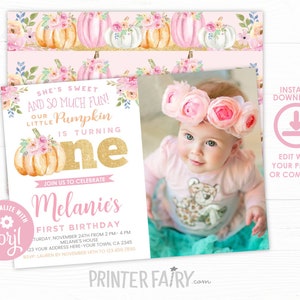 Little Pumpkin First Birthday Invitation with Photo, EDITABLE, Little Pumpkin Birthday, Floral, EDIT YOURSELF, Instant Download image 1