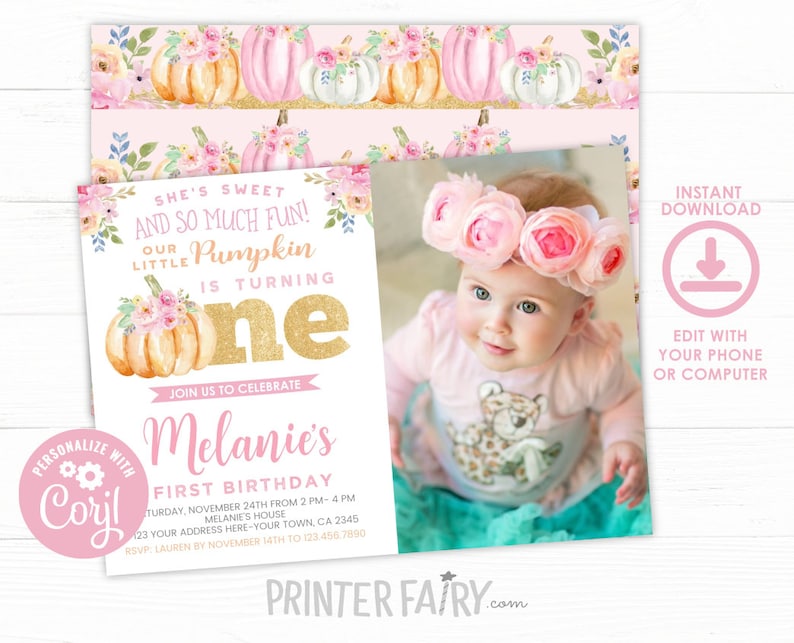 Little Pumpkin First Birthday Invitation with Photo, EDITABLE, Little Pumpkin Birthday, Floral, EDIT YOURSELF, Instant Download image 1