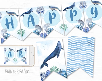 Under The Sea Birthday Banner, Whales Party Banner, Ocean First Birthday Party Decoration, Sea Animals Banner, Pool Party Download Printable