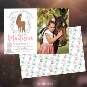 Horse Birthday Invitation with photo, Cowgirl Invitation, Pony Party Invitation, Horse Invites, Floral Birthday Invitation, INSTANT DOWNLOAD image 1