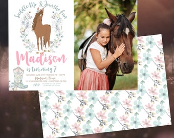 Horse Birthday Invitation with photo, Cowgirl Invitation, Pony Party Invitation, Horse Invites, Floral Birthday Invitation, INSTANT DOWNLOAD