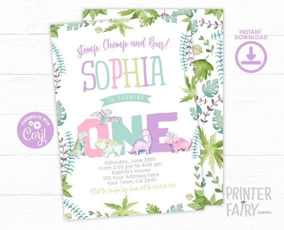 Dinosaur First Birthday Invitation, EDITABLE, Girl 1st Birthday Invitation, Dinosaur Birthday Party, Stomp Chomp and Roar, INSTANT DOWNLOAD Il_570xn
