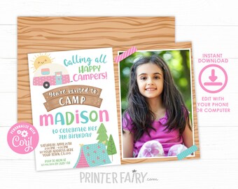 Camping Invitation with Photo, Happy Camper, Camp Birthday Invitation, EDITABLE, Summer Camp Party, Glamping Invite, Instant Download