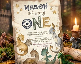 Plantilla editable de invitación para el primer cumpleaños de un dragón, descarga instantánea