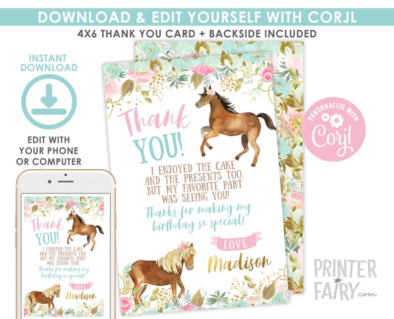 Horse Thank You Cards EDITABLE Girl Thank You Notes Floral - Etsy