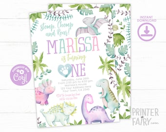 Dinosaur First Birthday Invitation, EDITABLE, Girl 1st Birthday Invitation, Dinosaur Birthday Party, Stomp Chomp and Roar,  INSTANT DOWNLOAD