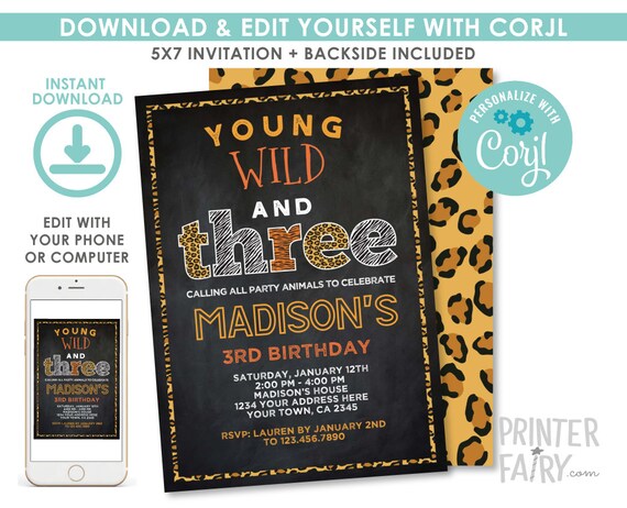 Wild and Three Birthday Invitation, EDITABLE Safari Invitation, Animal Print Birthday Party, Chalkboard, EDIT YOURSELF Digital Invite Il_570xn