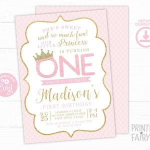 Princess 1st Birthday Invitation, EDITABLE Princess Invitation, Pink and Gold First Birthday Invitation, EDIT YOURSELF, Instant Download