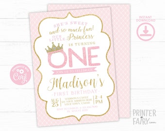 Princess 1st Birthday Invitation, EDITABLE Princess Invitation, Pink and Gold First Birthday Invitation, EDIT YOURSELF, Instant Download