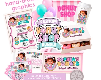 Donut Shop Party Bundle: Labels, Stickers, Menu, Play Money,  Handmade Designs Digital Printable
